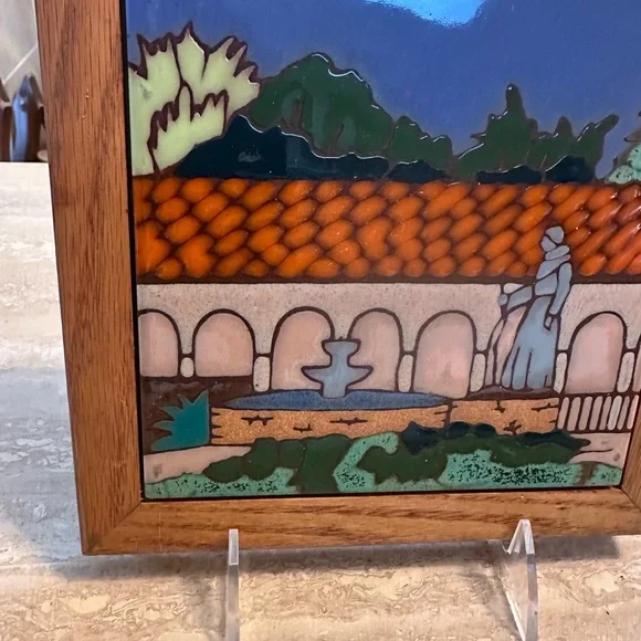 Colorful Ceramic Tile Art in Wooden Frame Middle East Christian Religious Scene - Picture 6 of 7